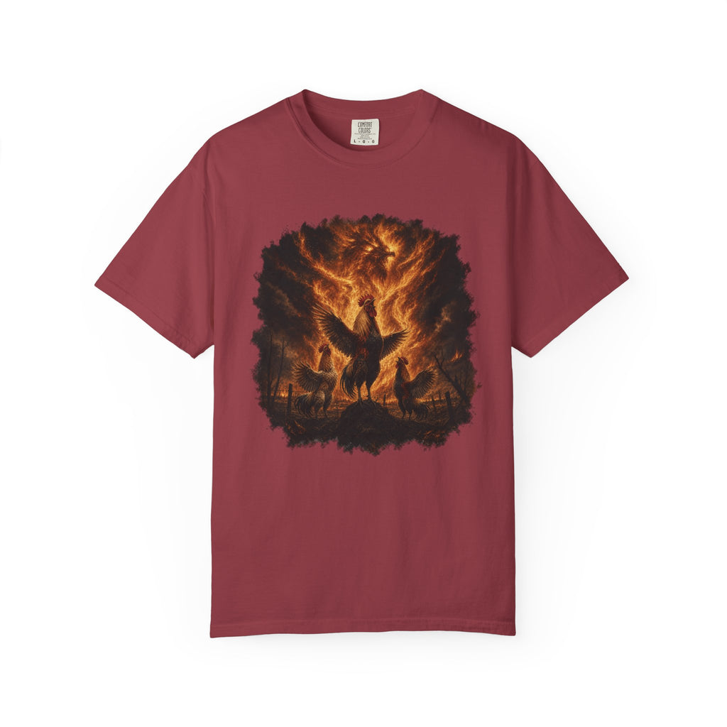 Roosters Summoning Fire Comfort Colors T-Shirt – Funny Chicken Graphic Tee