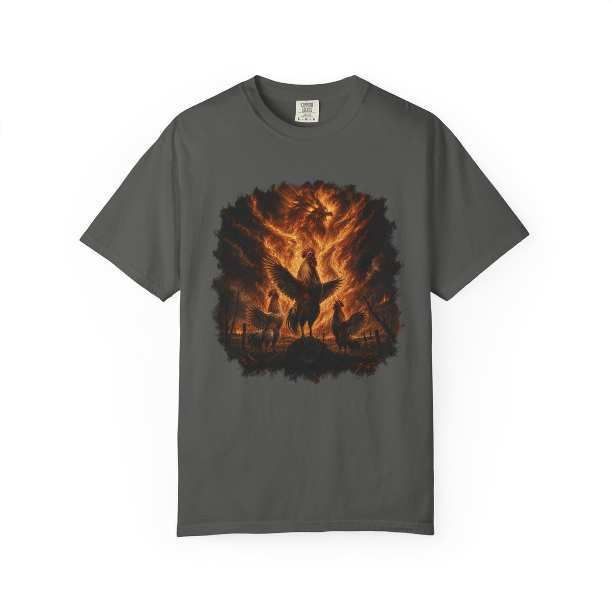 Roosters Summoning Fire Comfort Colors T-Shirt – Funny Chicken Graphic Tee