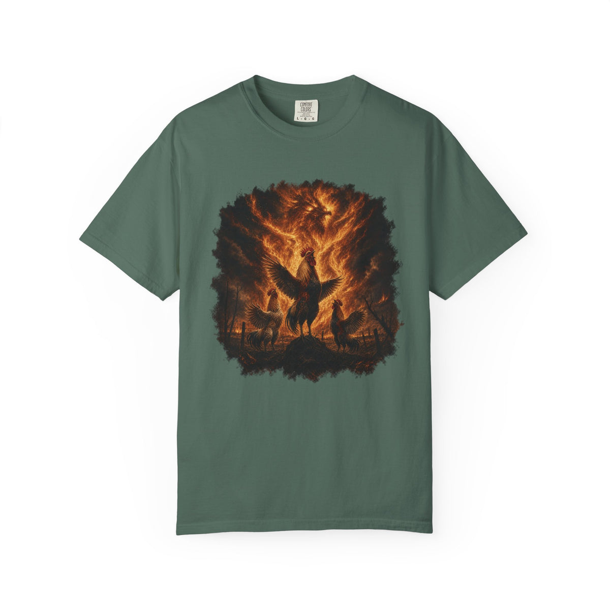Roosters Summoning Fire Comfort Colors T-Shirt – Funny Chicken Graphic Tee