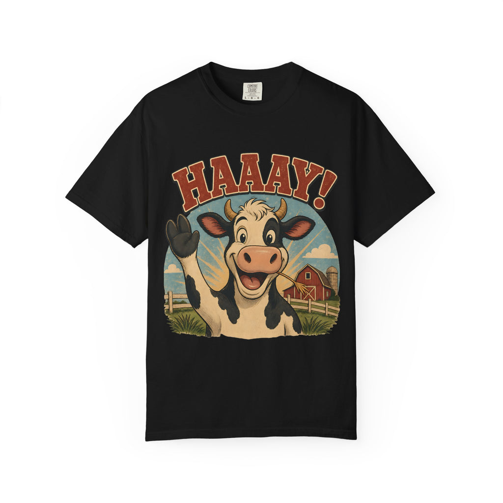 HAAAY! Hi There! Cow Comfort Colors T-Shirt – Funny Farm Cow Graphic Tee