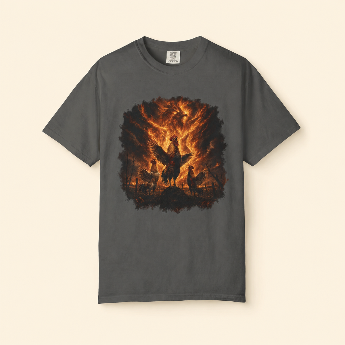 Roosters Summoning Fire Comfort Colors T-Shirt – Funny Chicken Graphic Tee