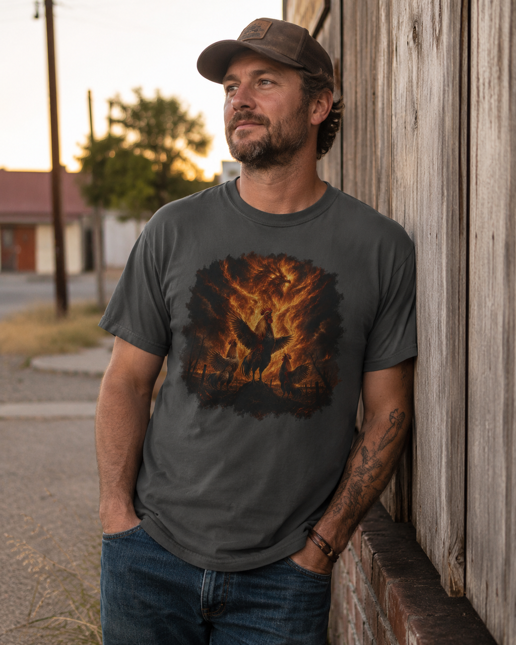 Roosters Summoning Fire Comfort Colors T-Shirt – Funny Chicken Graphic Tee