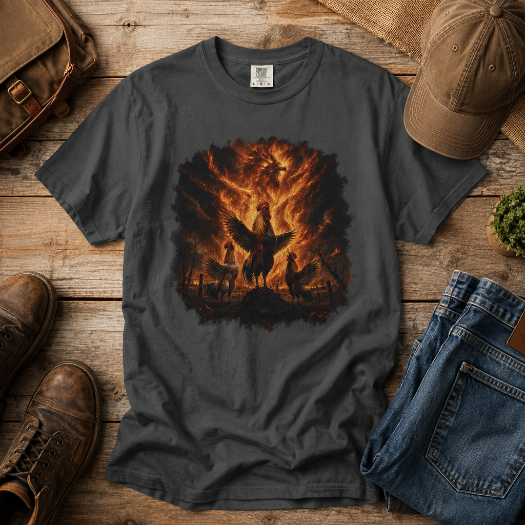 Roosters Summoning Fire Comfort Colors T-Shirt – Funny Chicken Graphic Tee