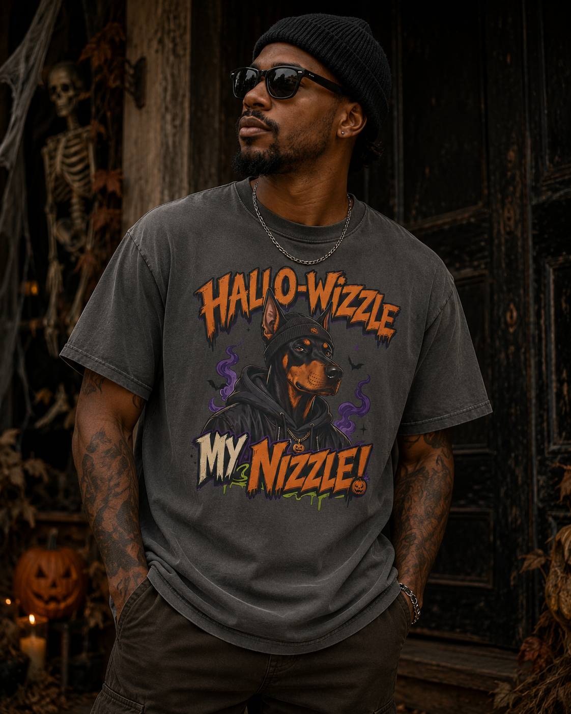 Hallo-Wizzle My Nizzle Comfort Colors T-Shirt – Funny Halloween Doberman Graphic