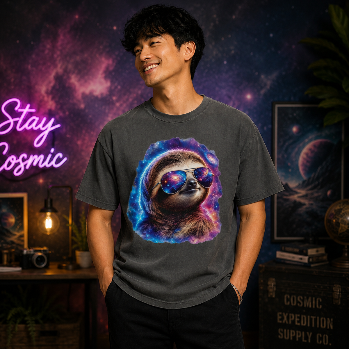 Cosmic Sloth Comfort Colors T-Shirt – Funny Galaxy Sloth Graphic Tee