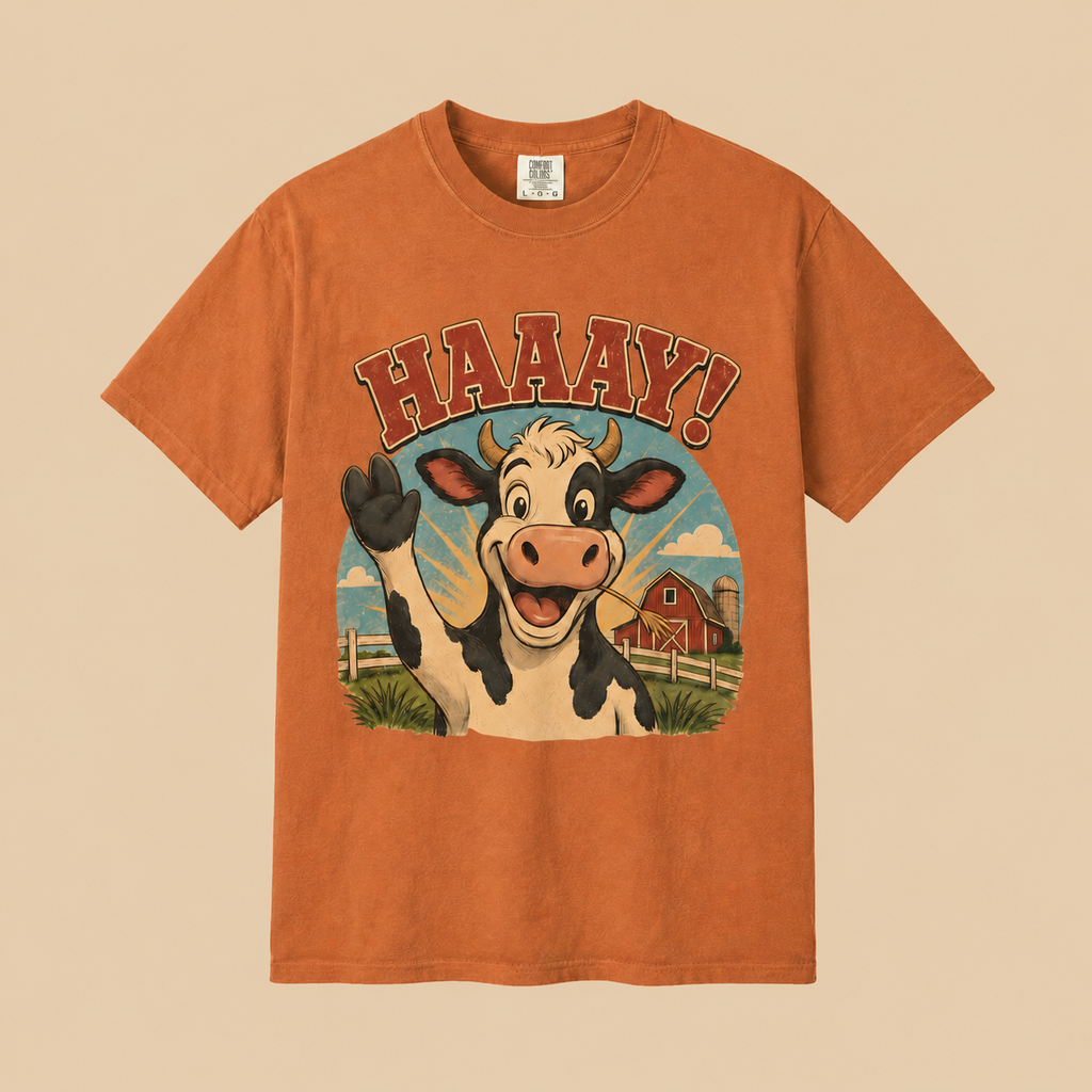 HAAAY! Hi There! Cow Comfort Colors T-Shirt – Funny Farm Cow Graphic Tee