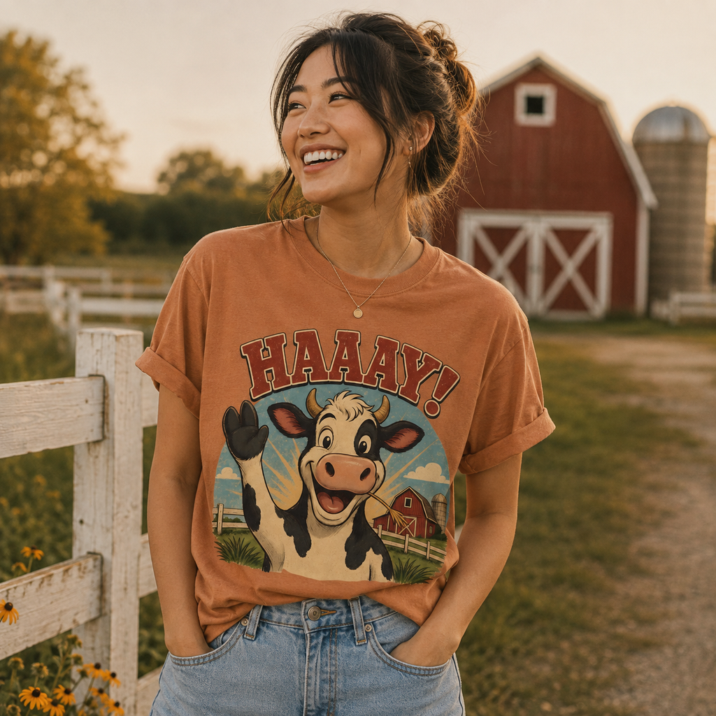 HAAAY! Hi There! Cow Comfort Colors T-Shirt – Funny Farm Cow Graphic Tee