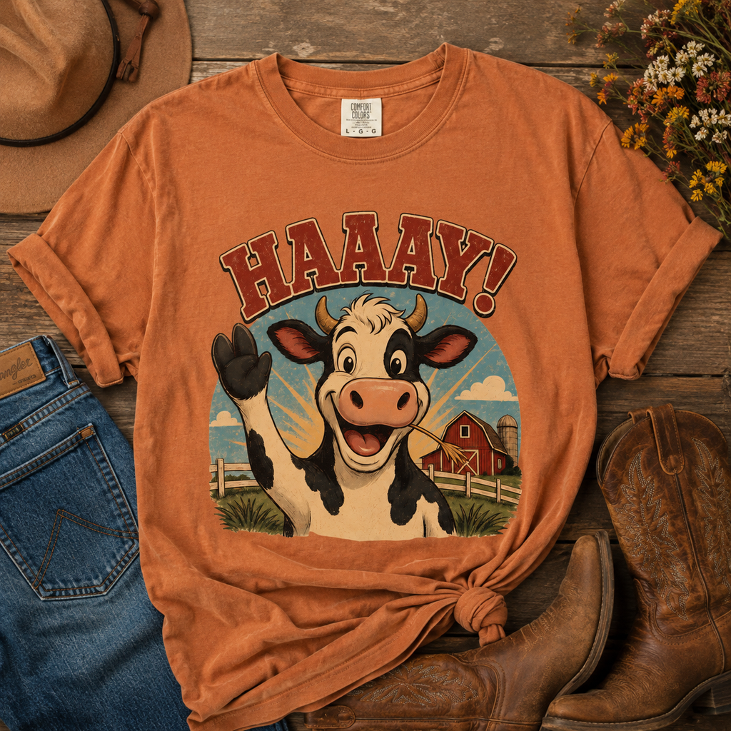 HAAAY! Hi There! Cow Comfort Colors T-Shirt – Funny Farm Cow Graphic Tee
