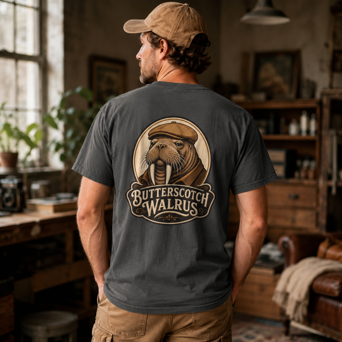 Butterscotch Walrus Logo Comfort Colors T-Shirt – Vintage Walrus Back Graphic Tee