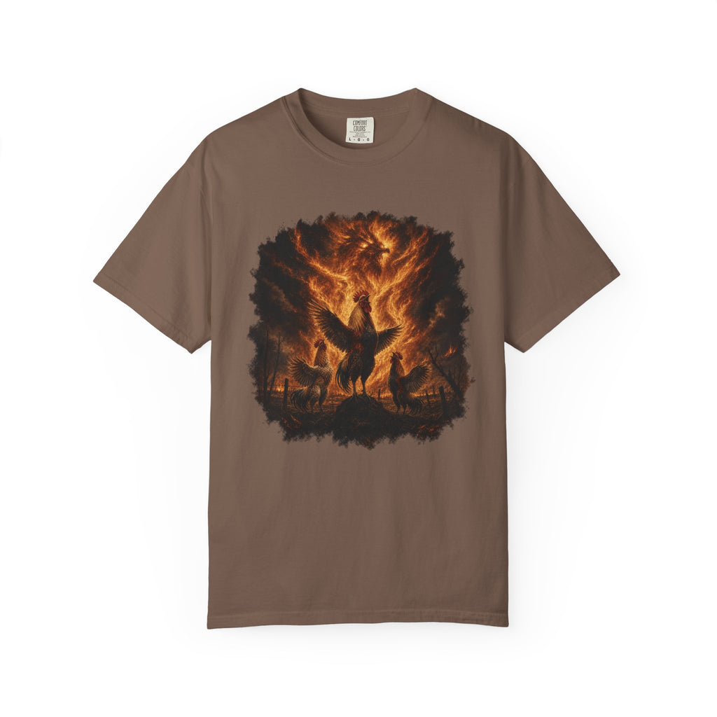 Roosters Summoning Fire Comfort Colors T-Shirt – Funny Chicken Graphic Tee