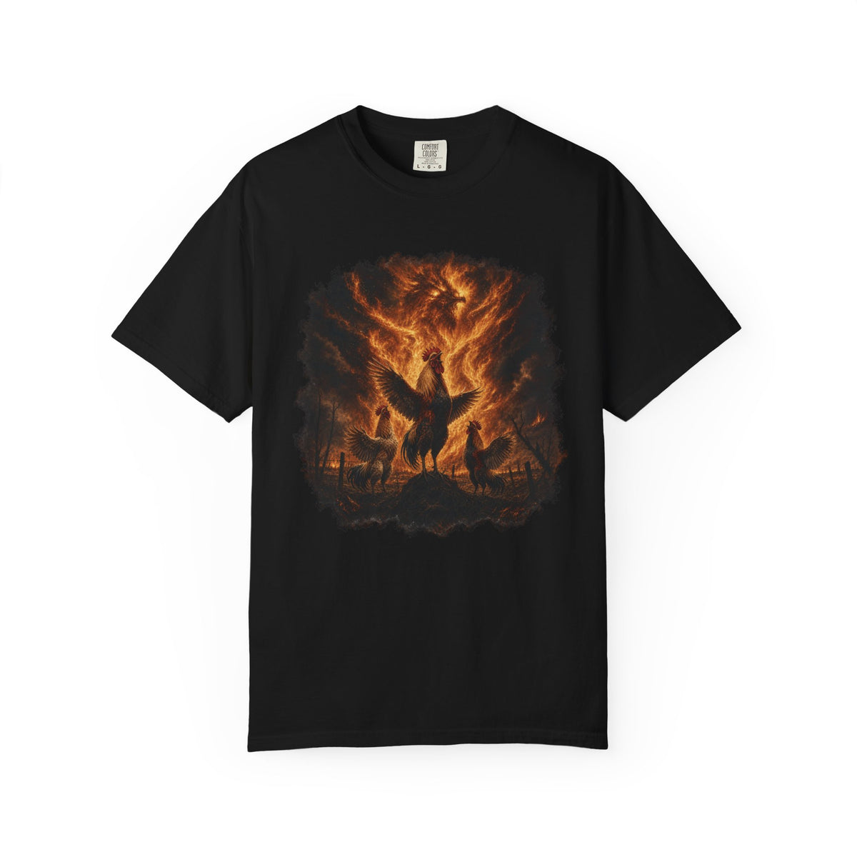 Roosters Summoning Fire Comfort Colors T-Shirt – Funny Chicken Graphic Tee